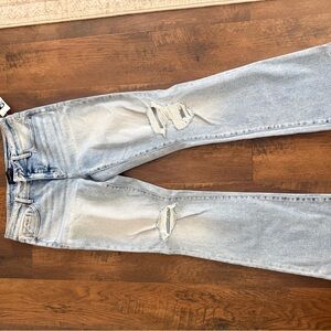 Buckle Light Wash Blue Flare Jeans with Knee Rips